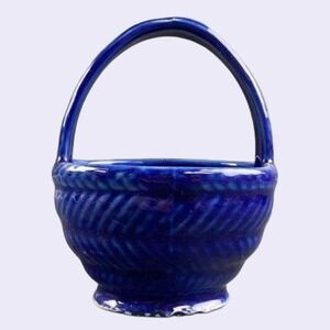 Vintage Blue Sapphire Ceramic Basket Trinket Holder Decorative Pottery Bowl
